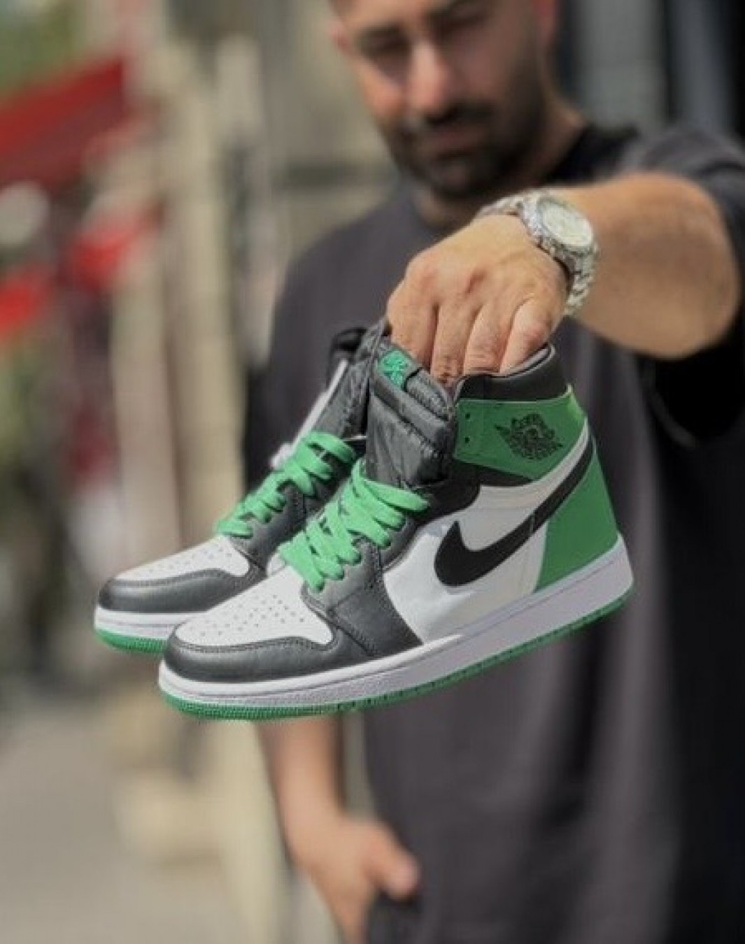 نایکی ایر جردن ۱ ساقدار مشکی سبز || Nike Air Jordan 1 High Black & Lucky Green (کد ۶۵۵)